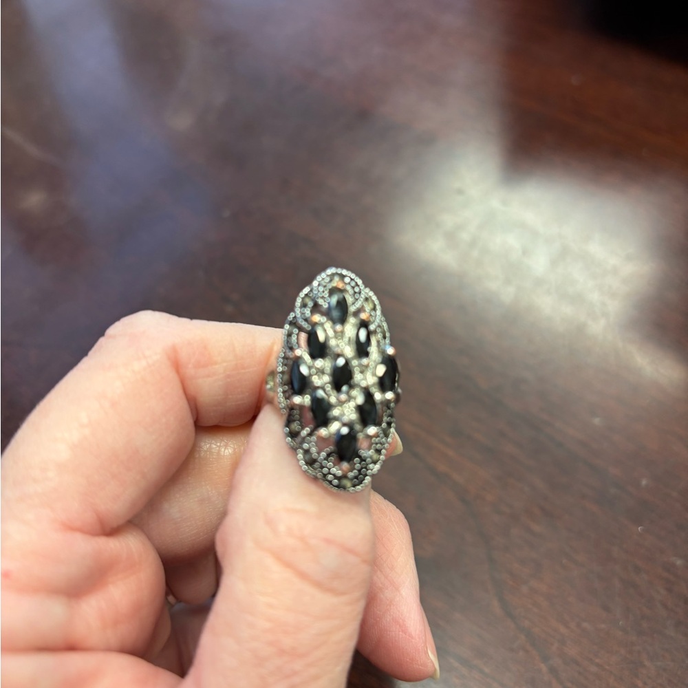 Elegant Onyx and Marcasite Black and Silver Women's Ring